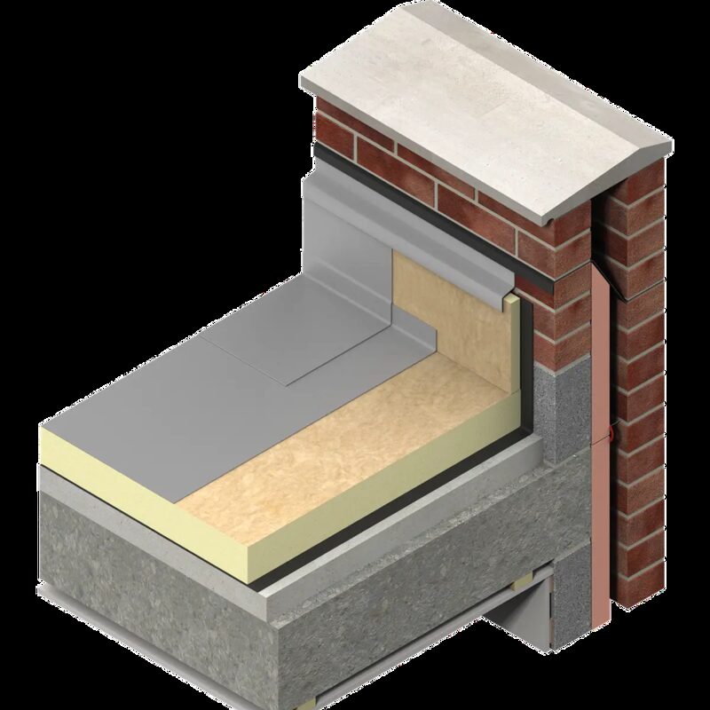 A 3D cutaway diagram of flat roof insulation on a concrete deck with a suspended ceiling, showing layers of insulation board, waterproofing and brick parapet wall