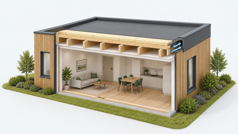 A cutaway of a small flat-roofed building showing the roof build-up in a thin sandwich: timber joists with a ceiling below, rigid insulation boards laid above the joists in a warm deck arrangement, and the weatherproof membrane on top, with a ventilation gap at the roof edge.