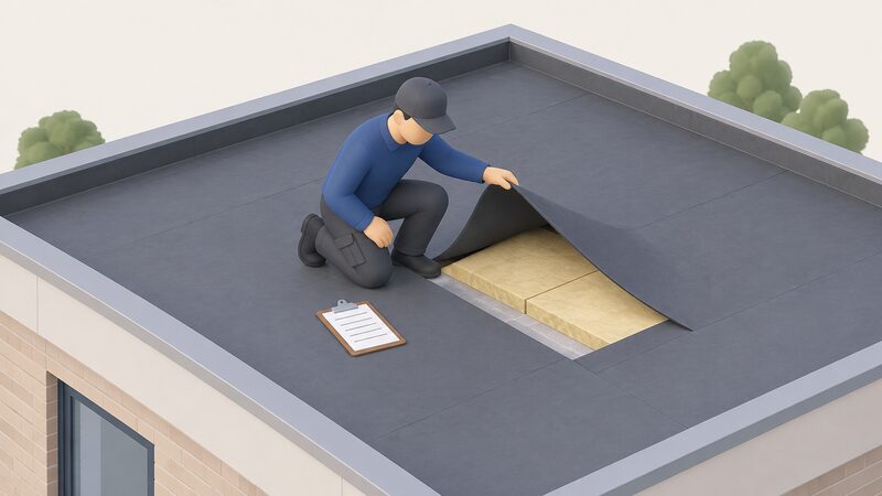 An installer in plain workwear kneeling on a flat roof, lifting and inspecting a section of the roof covering beside exposed insulation boards, with a clipboard of blank paperwork resting nearby as they assess the roof before quoting.