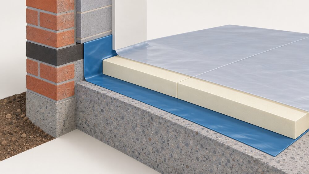 A close-up cutaway of a solid floor edge showing a polythene damp-proof membrane laid beneath rigid insulation boards and turned up at the room perimeter, lapped onto the damp-proof course in the external wall, with a vapour control layer over the insulation.
