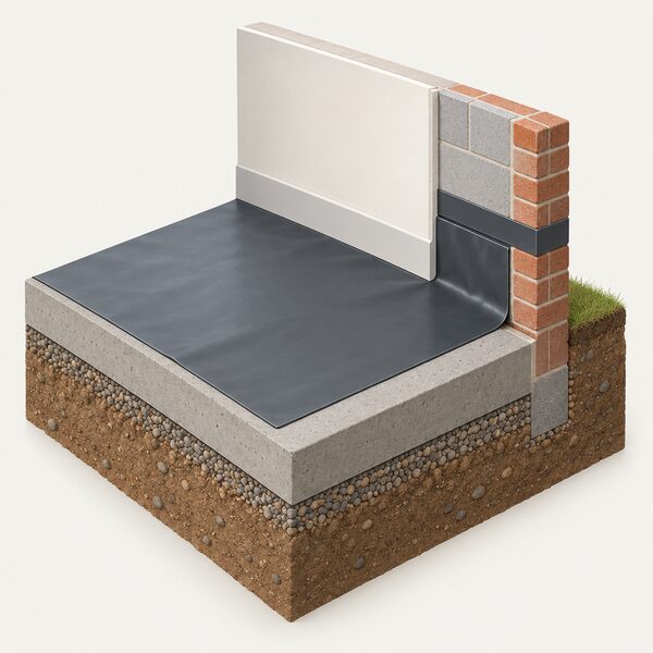 A cutaway view of a solid concrete floor in a new extension showing a damp proof membrane sheet laid over the concrete and lapped up the inner face of the external wall so it joins the horizontal damp proof course in the wall to form one continuous barrier.