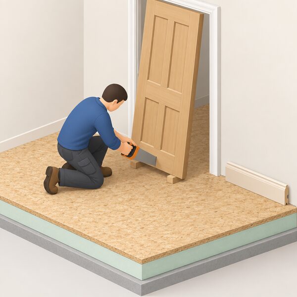 A carpenter kneels in a room where a raised floating floor of rigid insulation topped with chipboard has been laid, sawing the bottom edge off an internal door propped against its frame, while a skirting board lies nearby ready to be refitted higher up the wall.