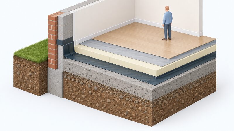 A cutaway isometric diagram of a solid concrete floor build-up showing, from bottom to top, the concrete slab and ground, a polythene damp-proof membrane turned up at the edges and overlapping the wall damp-proof course, insulation boards, and a vapour control layer on the warm room side.