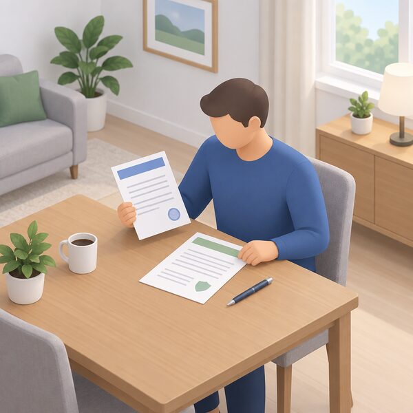 A householder seated at a table in their home holds a certificate document in one hand while reading an insurance-backed guarantee document laid beside it, both shown as physical papers with blank lines and plain colour bands, a pen resting nearby before signing.