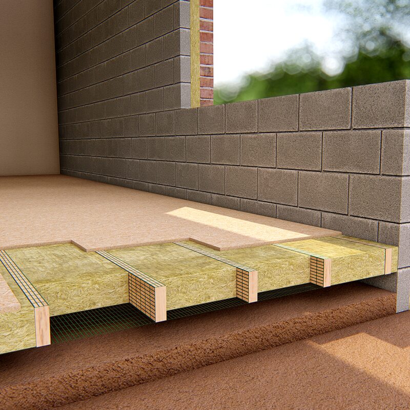 A 3D cutaway illustration of a suspended timber floor insulated with mineral wool between joists, next to a blockwork wall