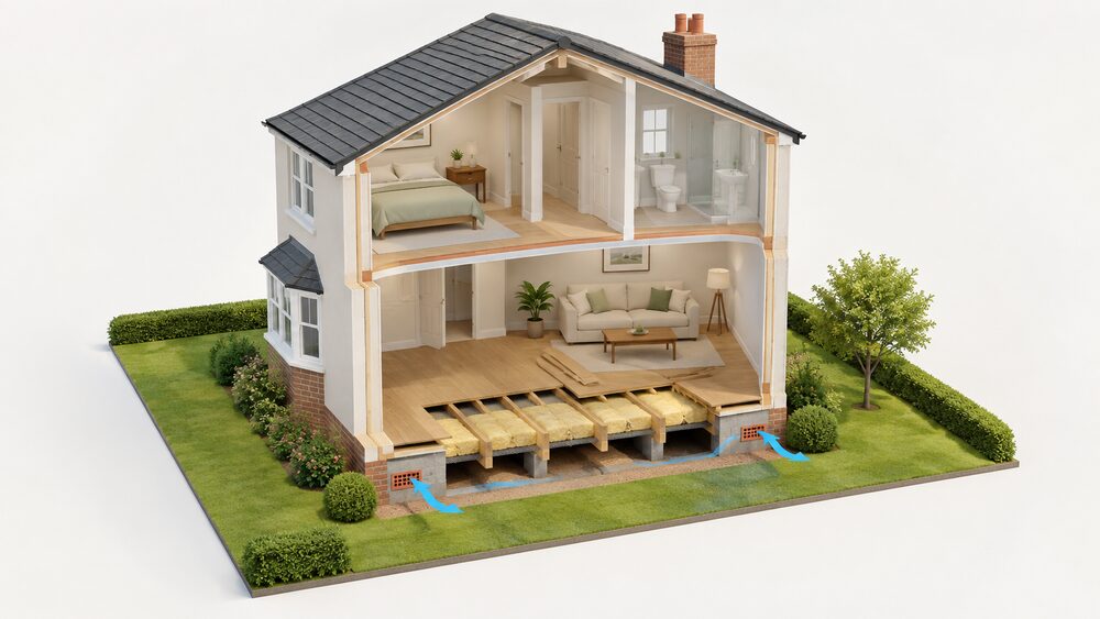 A cutaway house showing the ground floor: floorboards lifted in one room with rigid insulation board or mineral wool laid between the wooden joists over supporting netting, the ventilated void beneath left open, and air bricks set low in the outside wall keeping it clear.