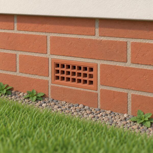 A close exterior view of a house's outside wall near ground level, with a single air brick set low in the brickwork just above the ground, shown as the clue to a ventilated void and suspended floor beneath the house.