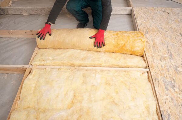 A worker in red gloves unrolling a roll of yellow mineral wool floor insulation between wooden joists