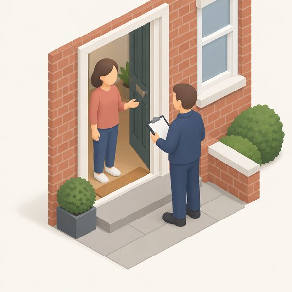 A householder standing at the open front door of their brick terraced house talking with an installer who holds a clipboard, the two facing each other across the doorway in a friendly discussion about a grant funded insulation scheme.