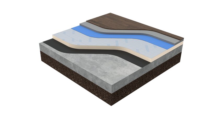 A technical cross-section diagram of a solid floor to wall junction showing new insulation, slab and floor finish installed over an existing stone wall and substrate