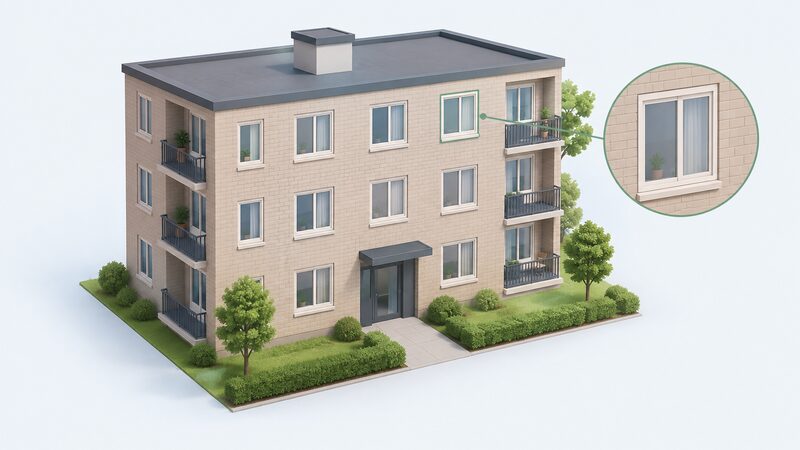 A simplified isometric view of a block of flats where one flat has a newly replaced window matching the original windows' frame material and appearance on the same facade, while other flats keep their original windows, showing the replacement blending in.