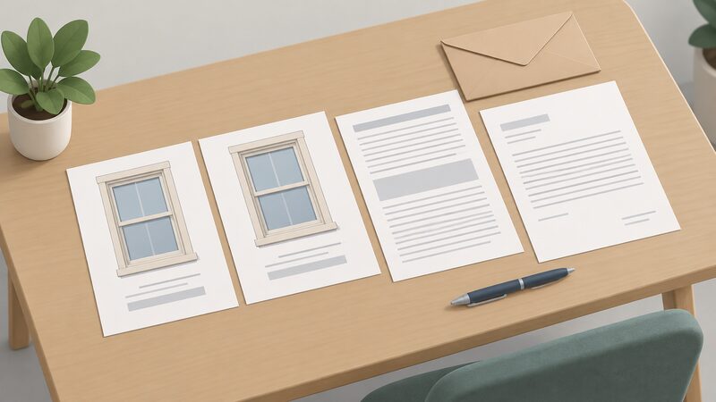 A leaseholder's consent application pack laid out on a table, with a drawing of the proposed window beside a matching existing window, a lease extract sheet and a covering letter, ready to send to the managing agent.