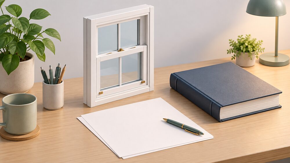 A small sash window sample standing on a desk beside a blank consent letter and a thick closed lease document, with a pen resting on the paperwork, showing the moment a leaseholder prepares a window replacement permission request.