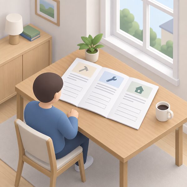 A printed lease document lying open on a table beside a window, its pages showing plain blocks and blank lines where the alterations covenant, repair covenant and landlord's consent clauses would appear, with a simplified figure reading it.