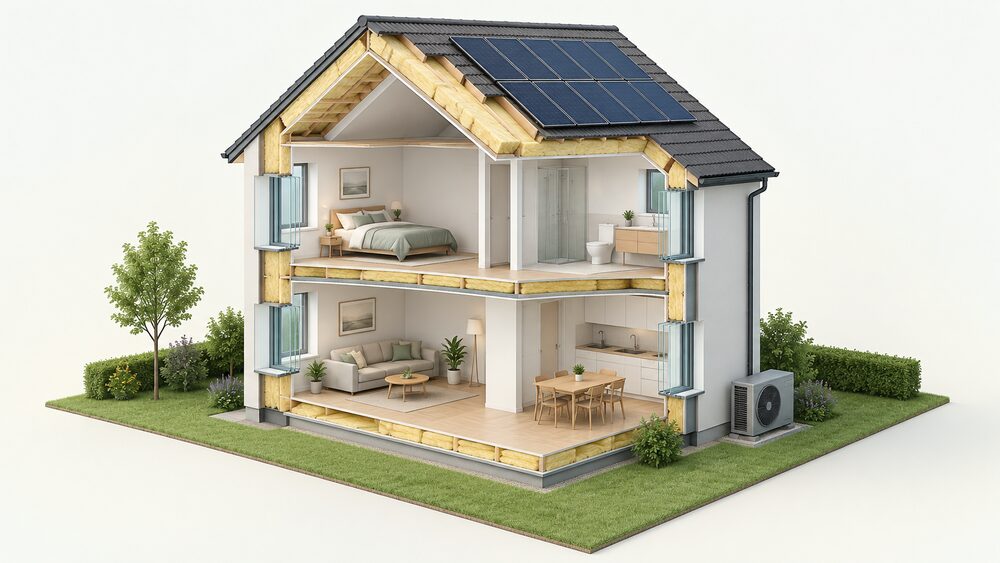 A cutaway of a new build house showing thick insulation in the walls and roof, triple-glazed windows, solar panels on the roof, an air source heat pump standing outside on the ground, and no gas boiler anywhere in the home.