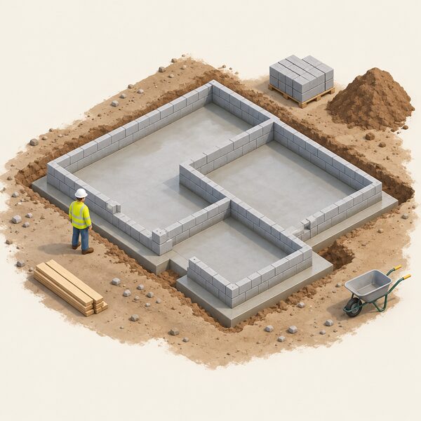 A small new-build house at foundation stage, with freshly poured rectangular concrete footings and low blockwork starter walls rising from them, set on a simple building site with a simplified isometric construction worker in a hard hat and high-visibility jacket standing beside the foundations.