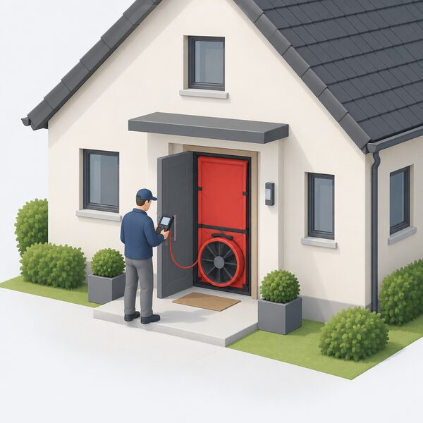 A tester stands outside a new dwelling at a front door, where a blower door fan is sealed into the open doorway with an expandable panel, operating equipment connected to the fan while the house is otherwise closed up for the pressure test.