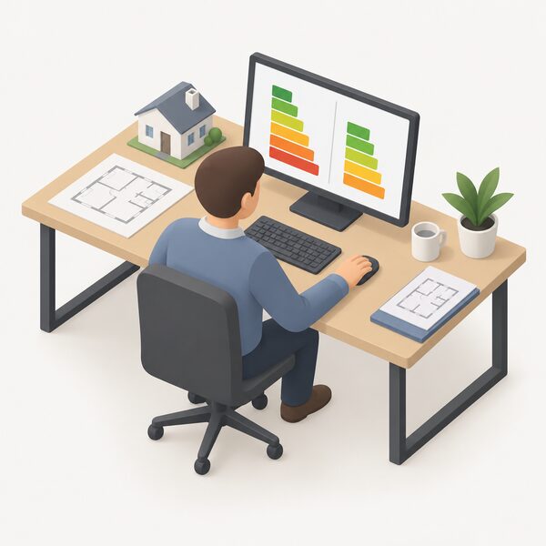 A simplified isometric energy assessor seated at a desk computer, with the dwelling's plans beside them and the screen showing two plain side-by-side bar blocks representing the actual dwelling's calculated rates next to the notional dwelling's target rates for comparison.