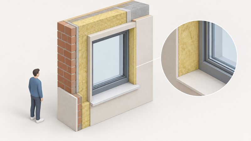 A cutaway cross-section of a new build external wall around a window opening, showing the insulation layer running unbroken from the wall face across the window reveal to meet the window frame, with the frame and glazing unit set in the opening.