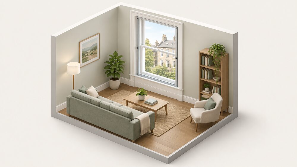 A slimline aluminium secondary glazing panel fitted inside the reveal of an existing single-glazed sash window, seen from inside the room, with the original window and its frame untouched behind it and the external view unchanged.