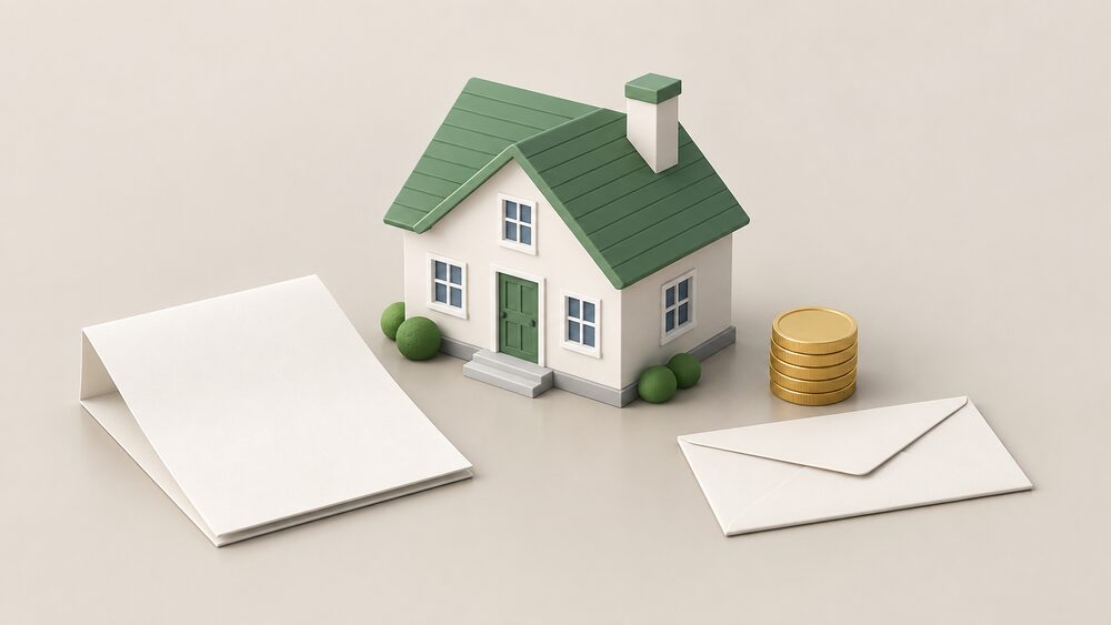 A small model house with a green roof sits on a table beside a folded blank document, a plain envelope and a short stack of coins, suggesting a property sale where a loan charge passes with the home.