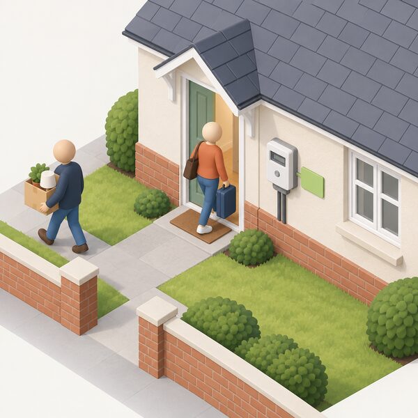 A domestic electricity meter on an outside wall of a house with a plain charge label fixed beside it, while a departing occupant carries a box away down the path and a new occupant arrives at the front door, showing the charge staying with the property.