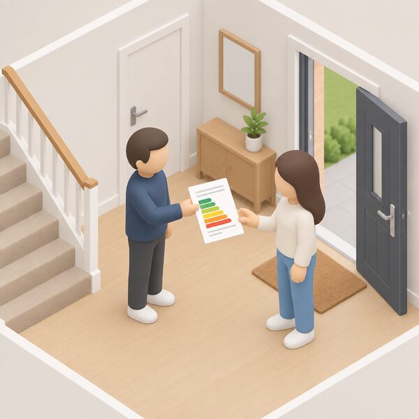 A landlord or seller handing a printed Energy Performance Certificate document to a prospective buyer or tenant inside the property's entrance hall, before any moving boxes are unpacked, with the document shown as a physical sheet carrying only blank lines and plain colour bands.