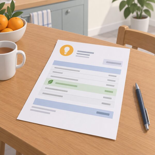 A paper household electricity bill lying on a kitchen table beside a pen, drawn as a physical document with blank lines and plain colour bands standing in for the account details and a separate line for the Green Deal charge collected through the electricity account.