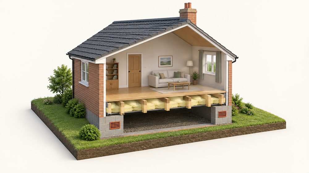 A cutaway of a small house showing a suspended timber ground floor with insulation fitted between the joists from below, a ventilated void beneath with air bricks in the external wall, and the heated room above.