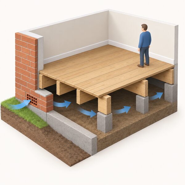 A cutaway view of a house corner showing a suspended timber floor with floorboards fixed over timber joists, an open ventilated air void beneath the joists, and a brick perimeter wall with an air brick letting outside air move through the space under the floor.