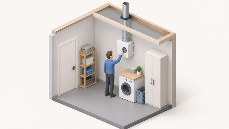 A small isometric utility room scene showing a wall-mounted continuous mechanical extract ventilation unit fixed high on an internal wall, with round ducting running from it through the ceiling to the rooms above, and a simplified figure checking the unit.