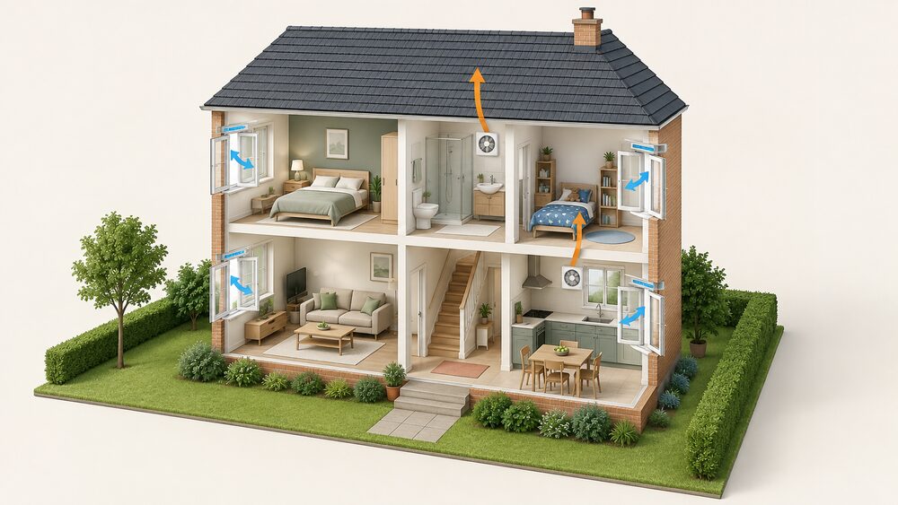 A cutaway two-storey house showing an extractor fan on the kitchen wall and another in the bathroom, trickle ventilators built into the window frames of the habitable rooms, and opening windows, with air paths from the wet rooms out of the building.