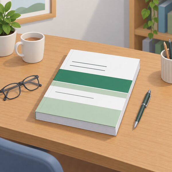 A thick printed guidebook lying closed on a wooden desk in a home office, its cover shown with plain colour bands and blank lines instead of any readable title, beside a pen and a pair of reading glasses, suggesting the reference document an installer or surveyor consults.