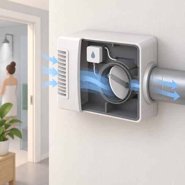 A wall-mounted demand-controlled ventilation unit inside a home with a humidity sensor on it, its airflow damper partly open, shown in a cutaway so the sensor and the adjustable airflow path are visible.