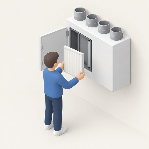 A simplified isometric figure holds a rectangular MVHR paper filter up beside a wall-mounted MVHR unit with its access panel open, ready to swap the old filter for the new one.