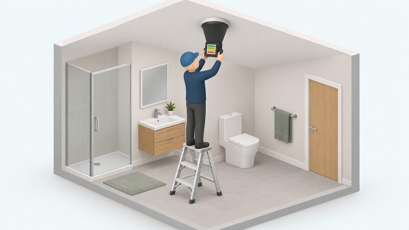 A commissioning engineer stands on a step ladder in a bathroom, holding a powered flow hood pressed up against a ceiling-mounted extract terminal, with the hood's display showing plain colour bands as the airflow measurement is taken.