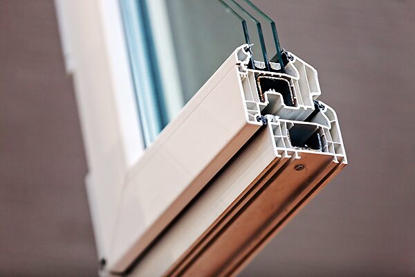 A cutaway cross-section of a double-glazed uPVC window frame showing the internal chambers and glass panes