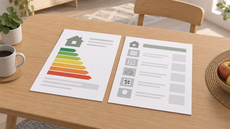 Two printed documents lying side by side on a plain domestic table: the EPC certificate with a simple colour band chart on its front sheet, and beside it the longer recommendation report with blank line entries and plain cost columns, nothing readable.