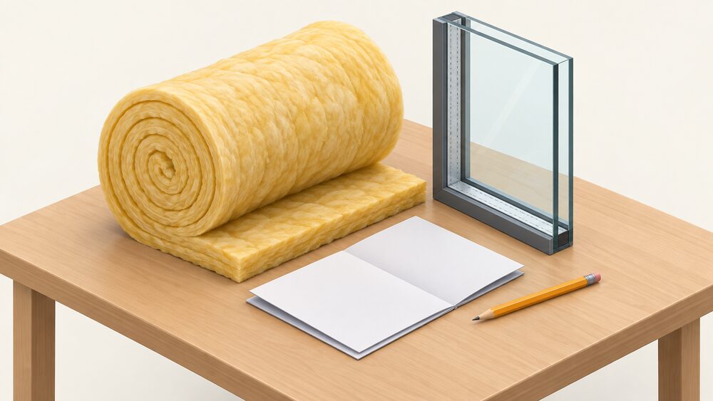 A rolled blanket of loft insulation and a small double-glazed window unit with a visible sealed edge stand on a table beside a folded certificate document and a pencil, arranged as the fabric improvements a household is planning.