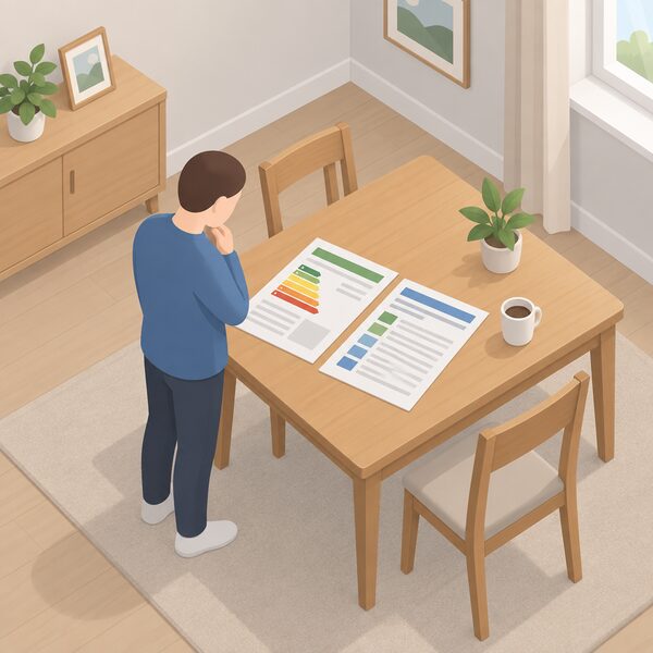 A printed EPC certificate and its attached recommendation report lying flat on a wooden table in a home, with a simplified isometric figure of a homeowner standing beside the table looking down at the documents.
