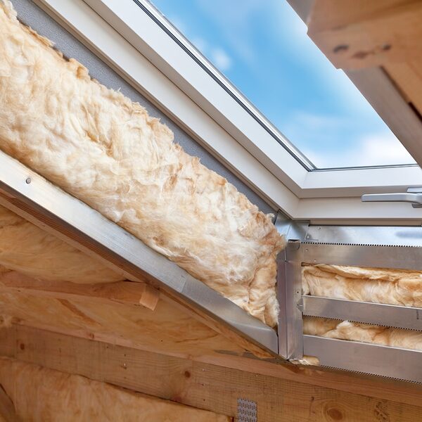 Mineral wool insulation fitted around a roof window in a loft