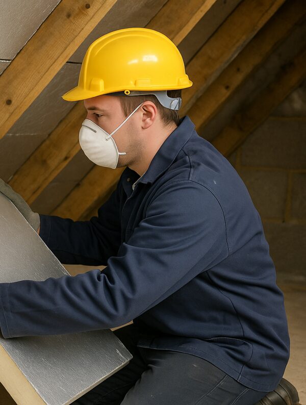 A worker in a yellow hard hat and dust mask installing foil-faced insulation board in a loft