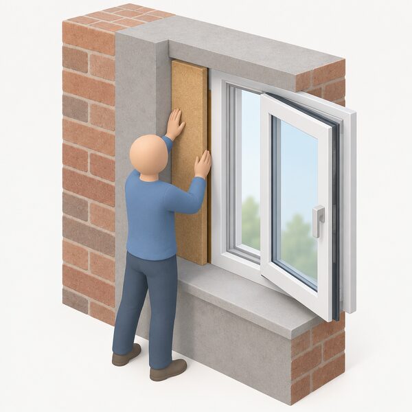 A cut-away view of a window opening showing a thin breathable wood fibre insulation board fitted flat against the vertical return surface of the reveal, sitting beside the window frame with a small clearance so the opening light can still swing, with a simplified figure pressing the board into place.