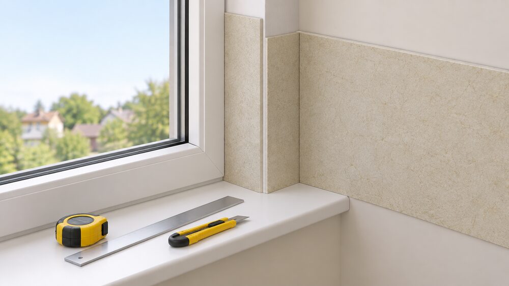 A close-up interior view of a window reveal with thin breathable insulation board fitted against the return surface between the window frame and the wall, the lining running continuously into the adjoining insulated wall, with a Stanley knife, straightedge and tape measure resting on the sill.