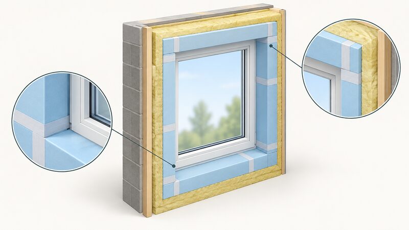 A cutaway view of a window reveal lined with rigid insulation boards butted to the window frame on all sides, joints between the boards covered with tape, and the lining running continuously into the adjoining wall insulation so the junction is closed.