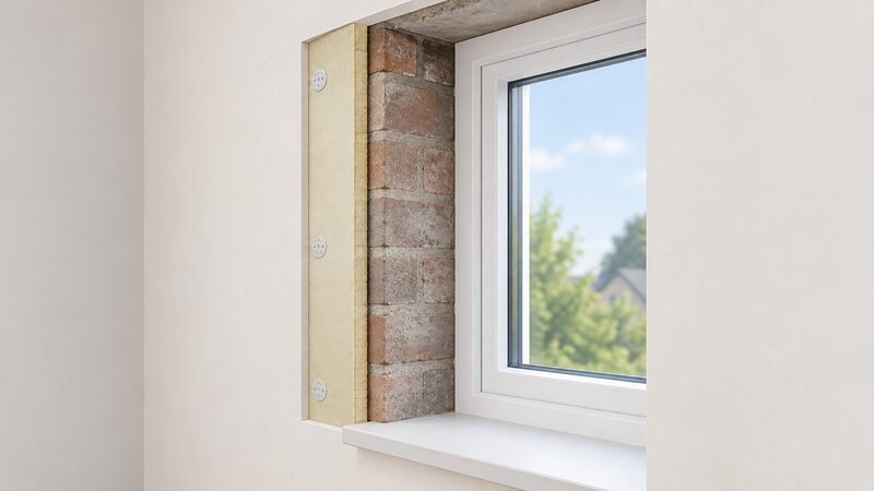 A cutaway interior view of a window opening where the plaster lining has been stripped away, showing the bare masonry of the reveal return between the window frame and the wall, with the insulated wall field beside it stopping short at the frame edge.