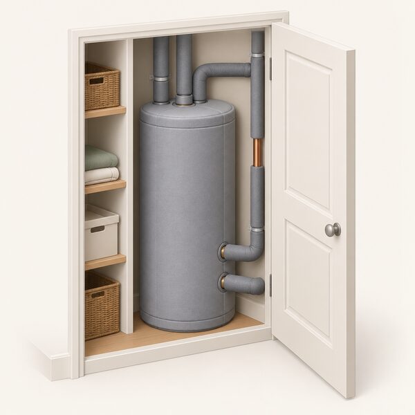 An open airing cupboard with a hot water cylinder jacketed in foam, its inlet, outlet and primary flow and return pipes each covered in thick foam lagging, with one short section of pipe left bare to show the difference.