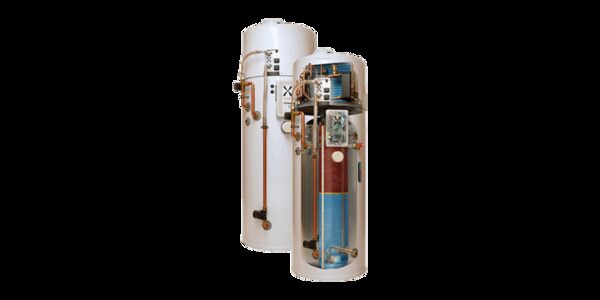 Two Mixergy hot water cylinders, one whole and one cutaway showing the internal tank and pipework