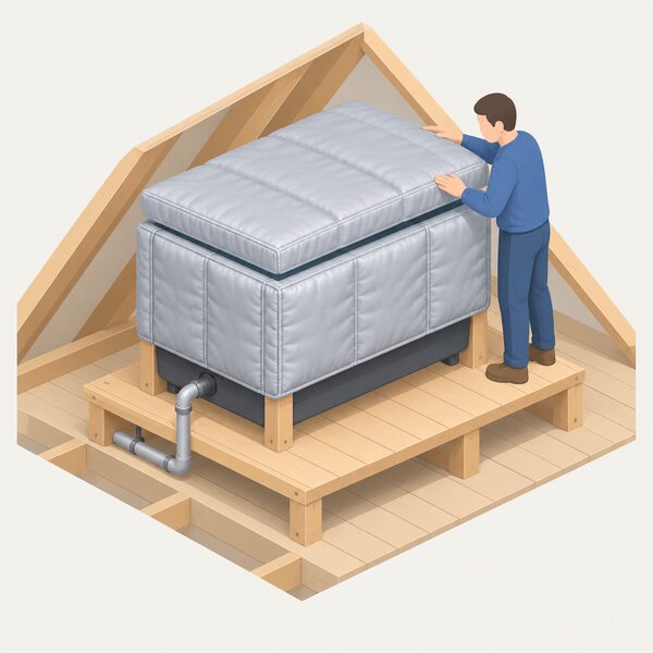 A rectangular cold water storage tank sitting on a loft floor platform, its sides and lid wrapped in thick quilted insulation jacketing while its open underside is left exposed, with a small isometric figure adjusting the top jacket.