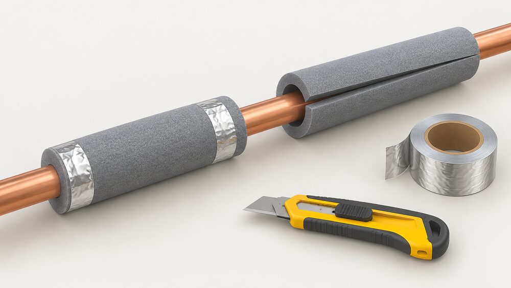A close-up of a grey polyethylene foam tube with a slit along its side being pushed around a copper hot water pipe, with a short already-lagged section beside it and the ends sealed with foil tape, a utility knife and a tape measure resting nearby.